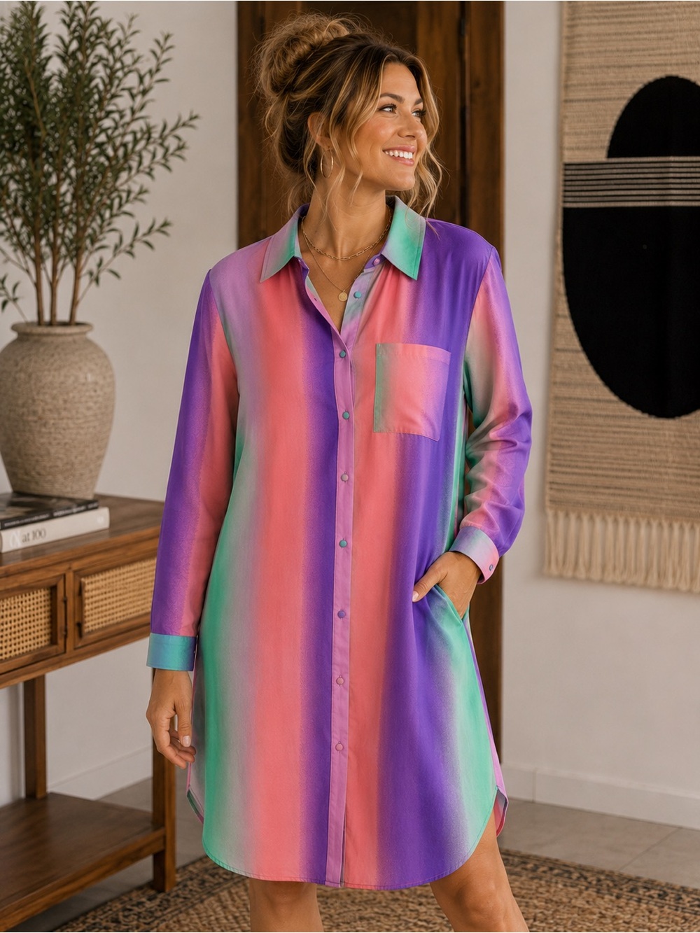 Umgee Multicolor Ombre Stripe Shirt Dress - Pink, Purple, Green - Picture 2 of 2